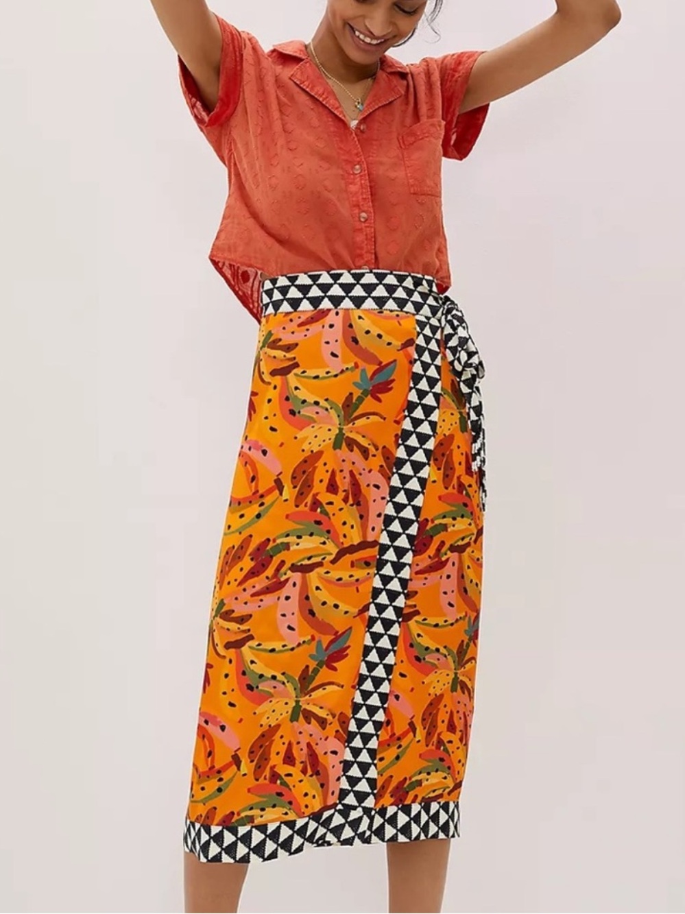 Farm Rio x Anthropologie tropical wrap beaded skirt size S